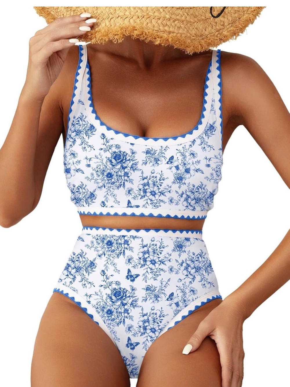 Herseas Bikini Sets Floral Print Whip Stitch High Waisted Scoop Bathing Suit new